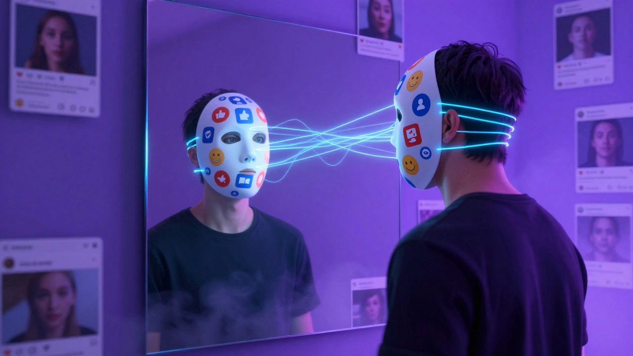 Человек в маске из икон соцсетей, отражение в зеркале показывает его настоящее лицо.