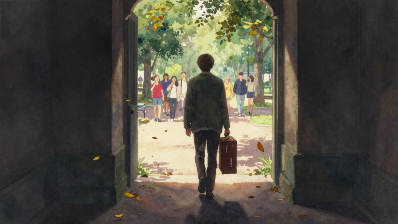 Человек выходит из тени в солнечный парк, оставляя за собой тяжелый чемодан.