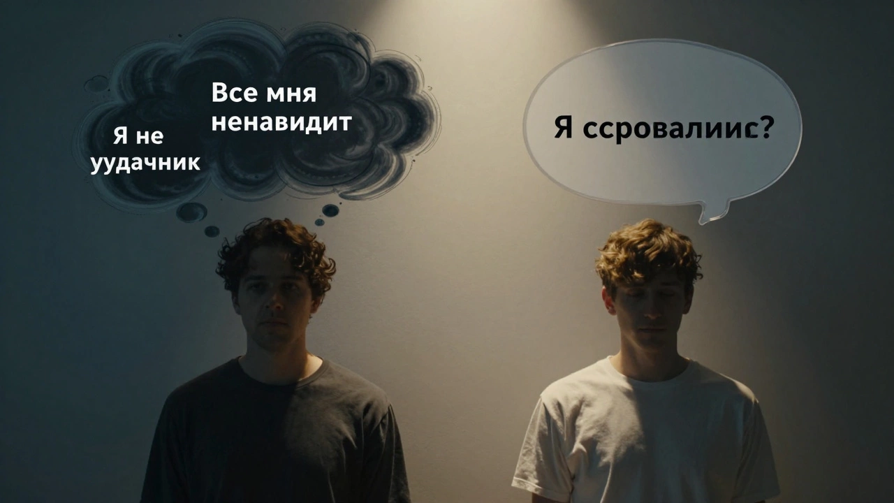 Два человека с противоположными мыслями под одним светом: один в тьме, другой — в свете.