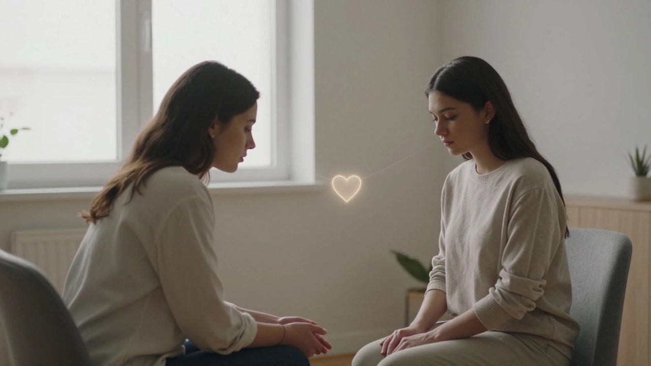 Два человека в комнате терапии — один открывается, другой сдерживается, между ними — тонкая светящаяся связь.