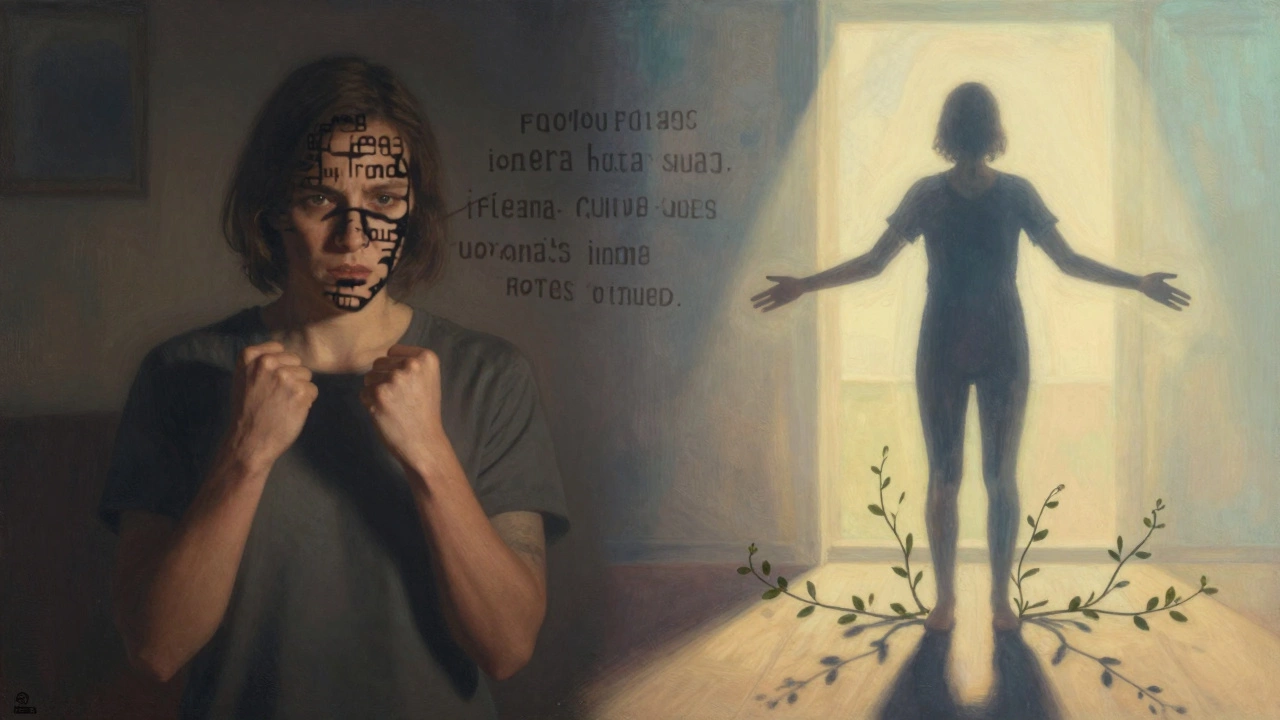 Два состояния одного человека: слева — напряжение и тени, справа — свет и открытость, символизирующие внутреннее изменение.