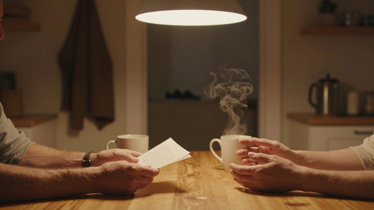 Две руки на кухонном столе — одна держит записку с номером телефона, другая колеблется.