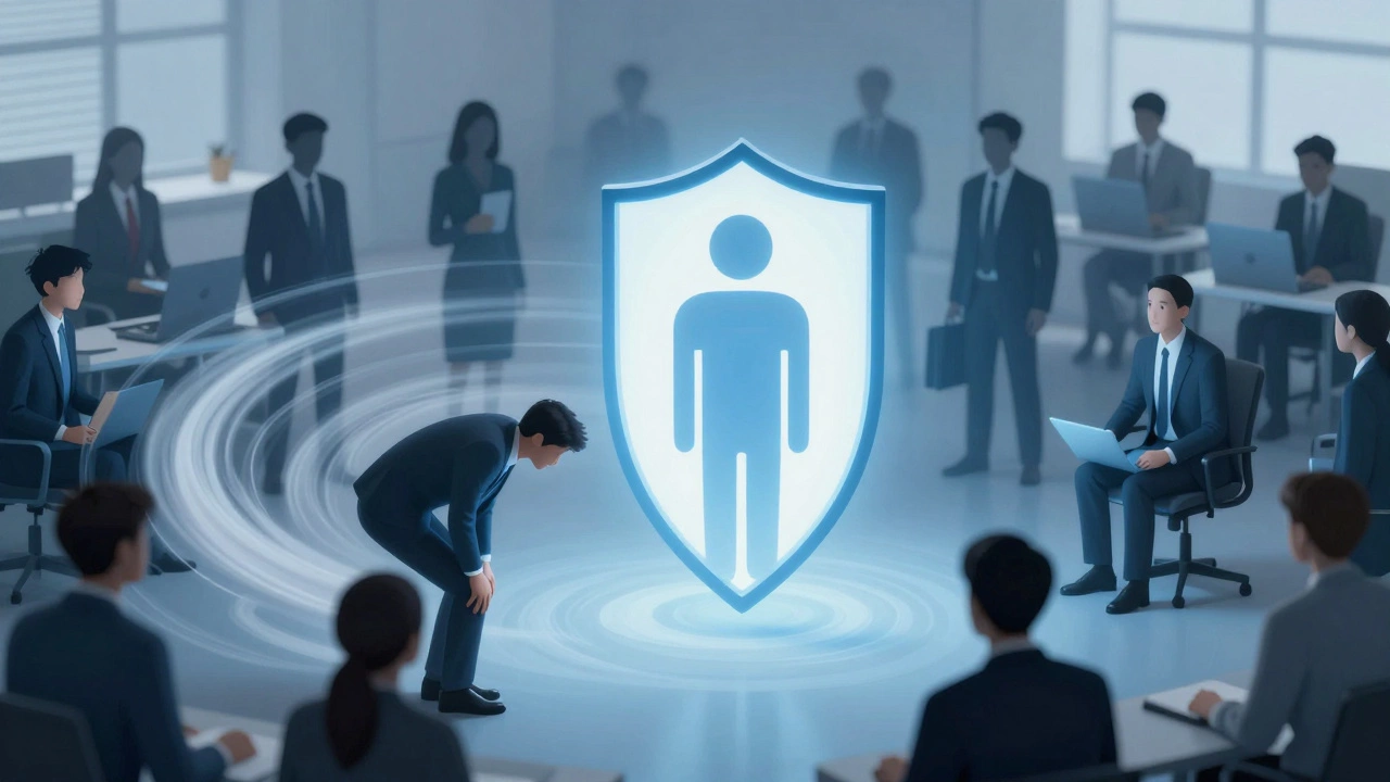 Группа людей в офисе, один под давлением толпы, другой защищён своей индивидуальностью.