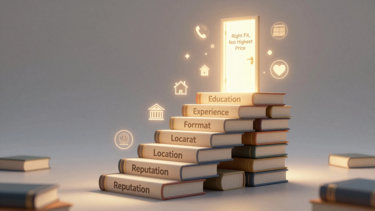 Лестница из книг с факторами стоимости терапии, ведущая к двери &#039;Подходящий психолог&#039;.