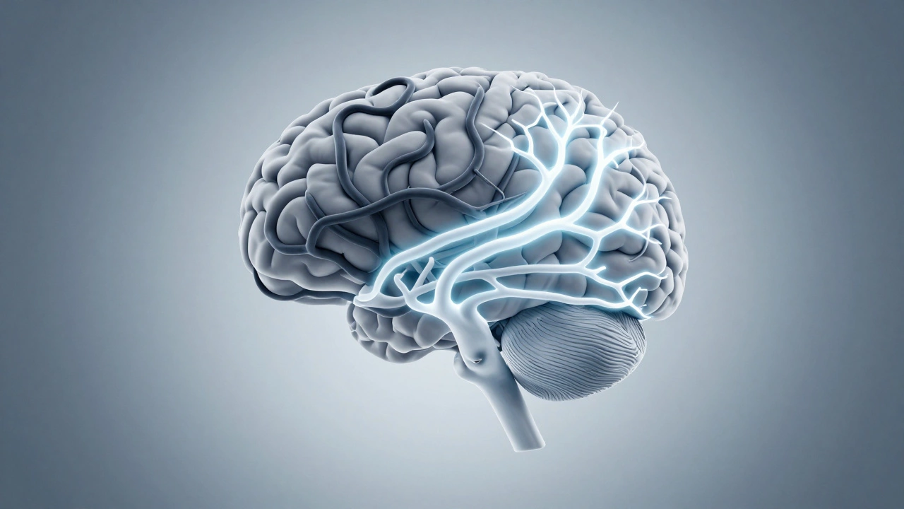 Мозг с двумя нейронными путями: темный, запутанный и яркий, четкий — символ терапии.