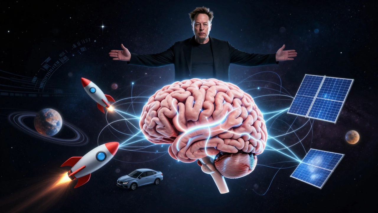 Мозг с нейроинтерфейсами, соединёнными с ракетами и электромобилями