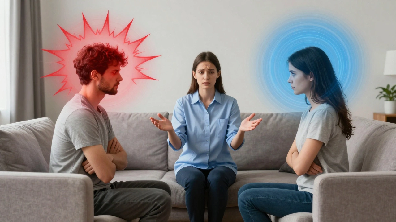 Пара в терапии, между ними психолог, над ними — визуализация скрытых эмоциональных паттернов.