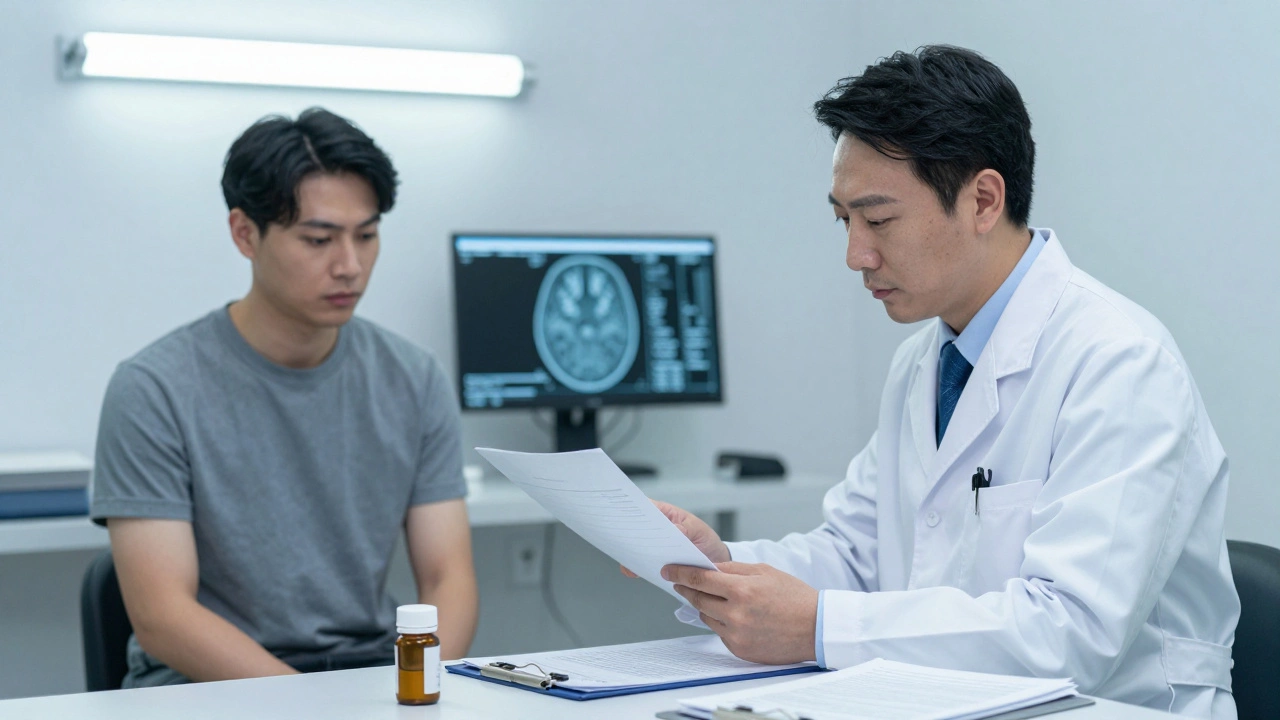 Психиатр оценивает пациента в клинической обстановке с лекарствами и медицинскими документами.