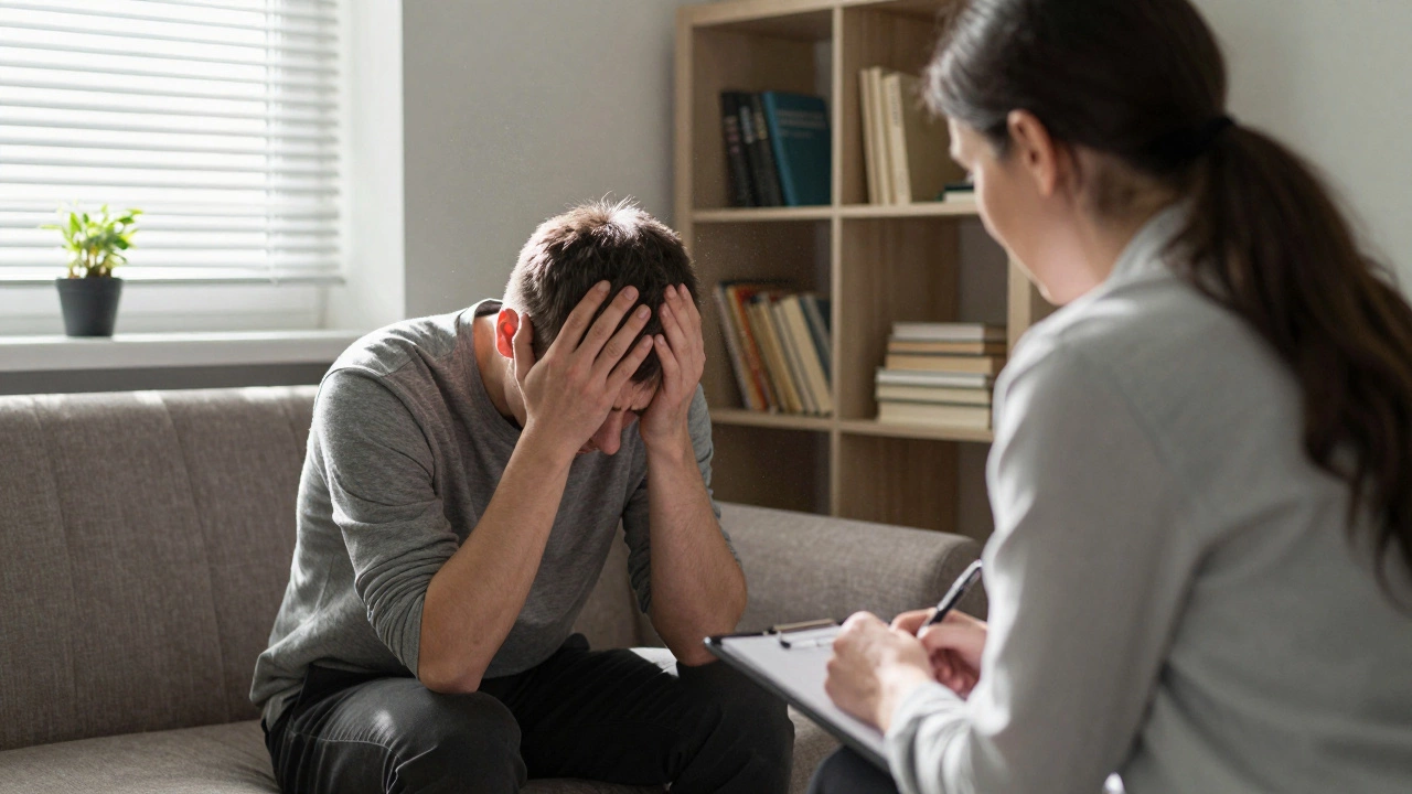 Психолог и клиент в кабинете, психолог смотрит с сочувствием, за окном — полуденный свет.