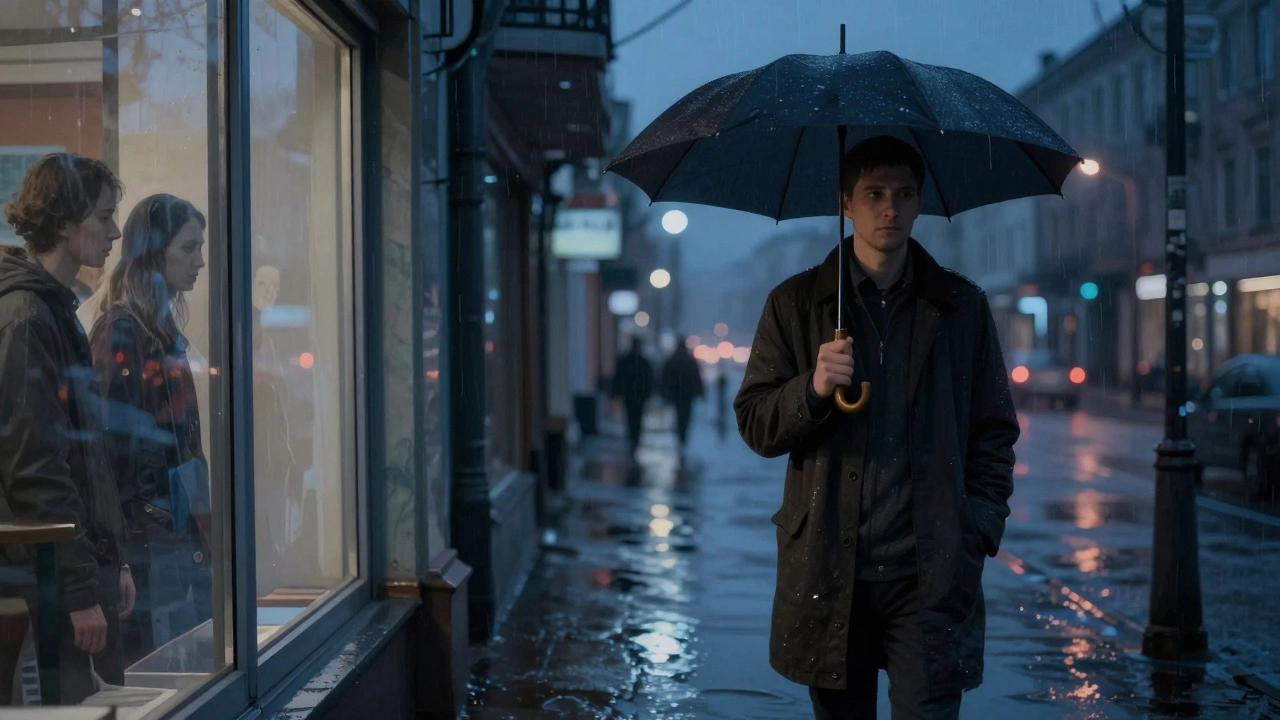 Психолог идёт домой ночью под дождём, в отражении окна — призраки клиентов.