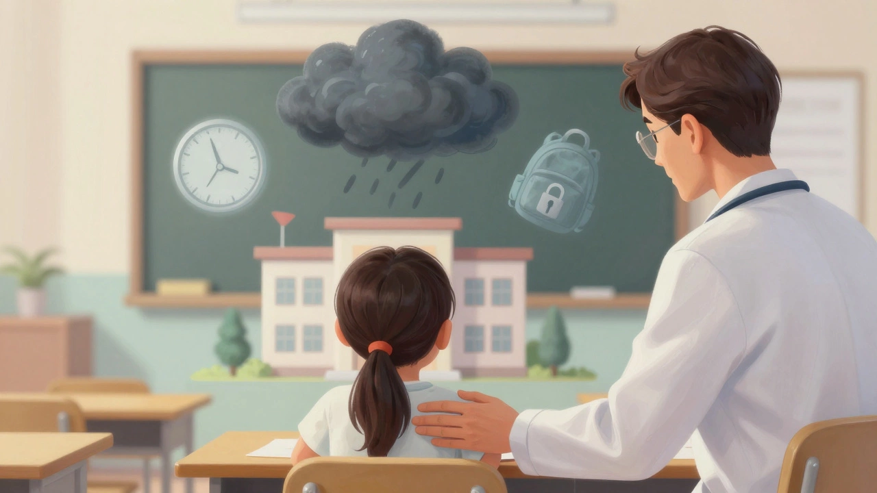 Психолог в школе рядом с ребенком, рисующим тучу над школой, символы стресса вокруг.