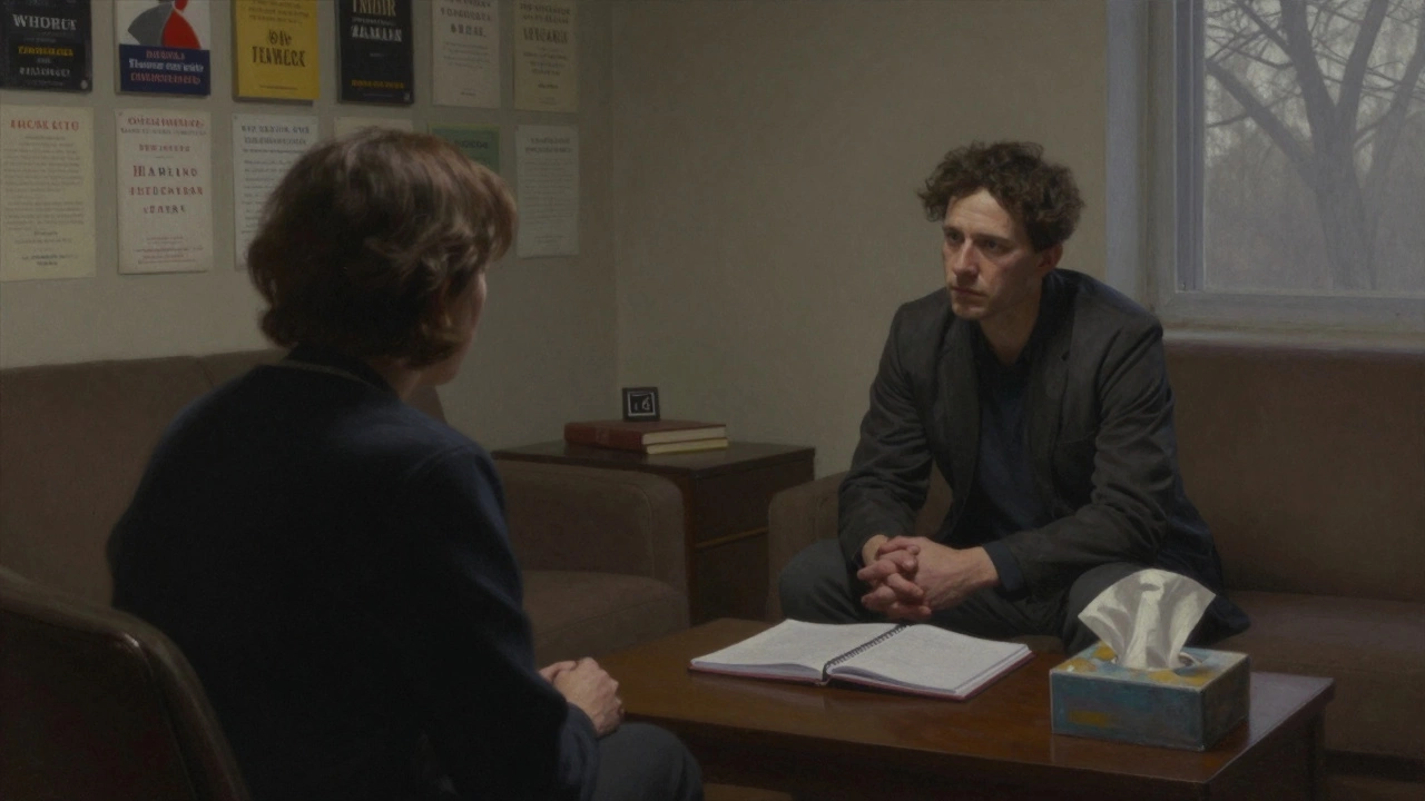 Психотерапевт и клиент в глубокой эмоциональной беседе в уютном кабинете.