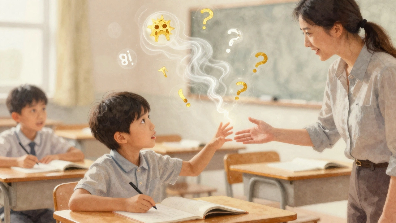 Ребёнок тянется к учителю, вокруг — видимые эмоции страха и любопытства в стиле акварели.