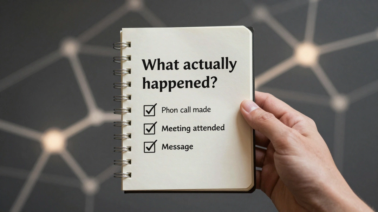 Рука держит блокнот с записью &#039;Что на самом деле произошло?&#039; и отметками о выполненных действиях.