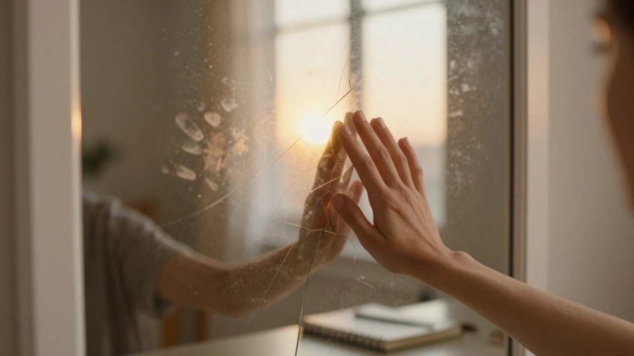 Рука касается треснувшего зеркала, за которым виднеется свет — символ исцеления.