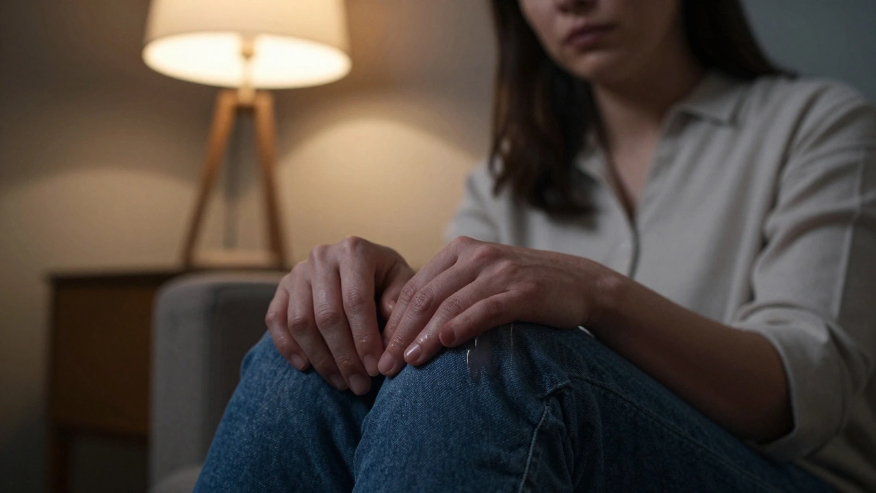 Руки клиента, покрытые слезами, лежат на джинсах, за ними — тихий, неподвижный силуэт психолога.