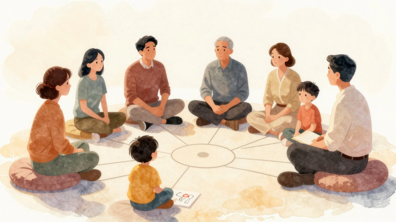 Семья сидит в кругу, ребенок рисует на полу, психолог наблюдает за взаимодействиями.