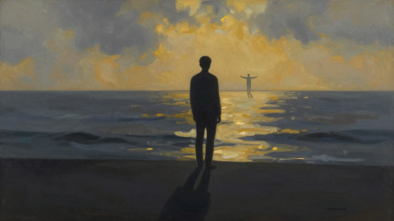 Силуэт человека на фоне бурного моря, чья тень превращается в спокойный светлый пейзаж — символ внутреннего прорыва.