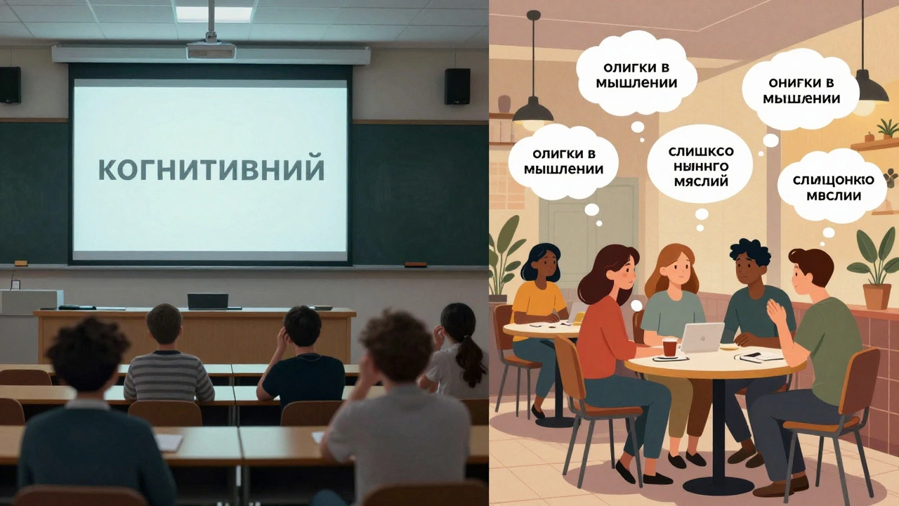 Слева — сухая лекция со словом 'когнитивный', справа — живой разговор с простыми фразами.