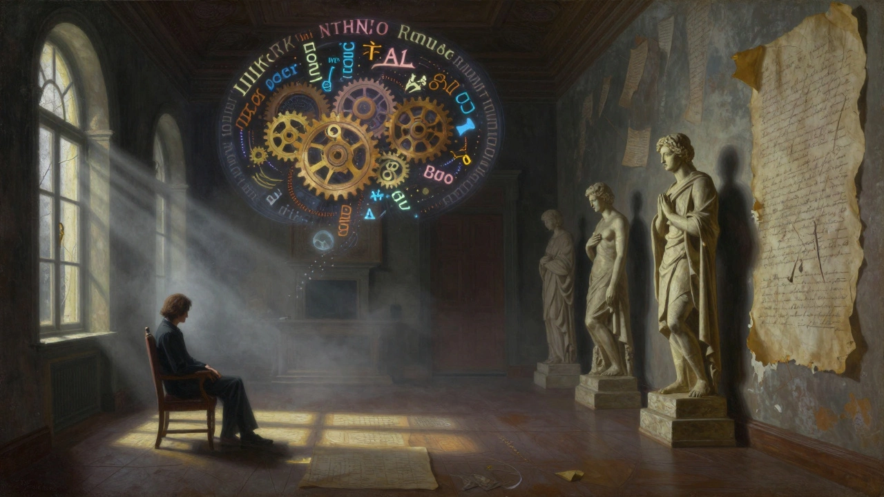 Старинный дом, символизирующий разум, с разными комнатами, отражающими мысли, эмоции и убеждения.