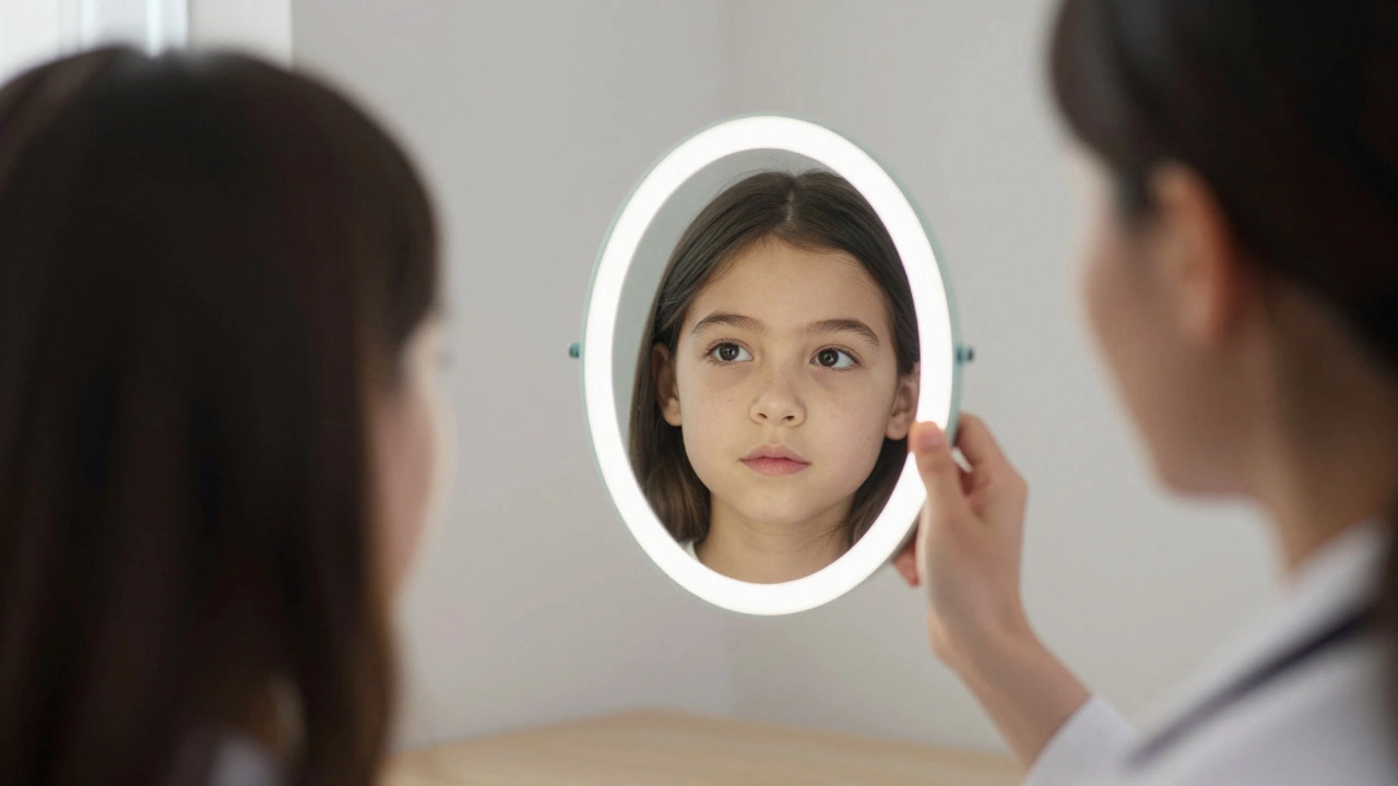 Терапевт держит зеркало, в котором отражается не взрослый, а ребенок — символ скрытых убеждений и внутреннего восприятия.