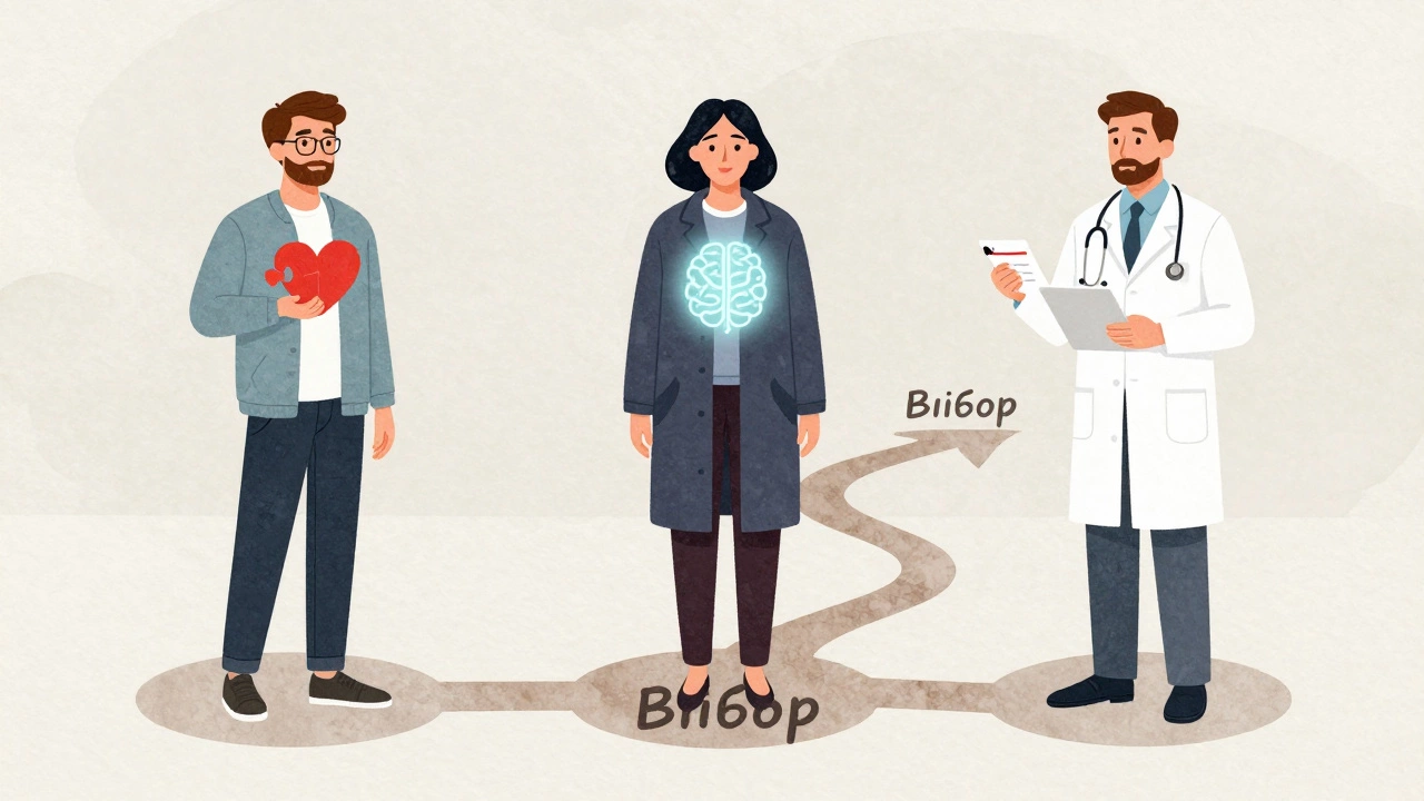 Три профессии психического здоровья: психолог, психотерапевт и психиатр, изображены как символические фигуры на разветвленном пути.