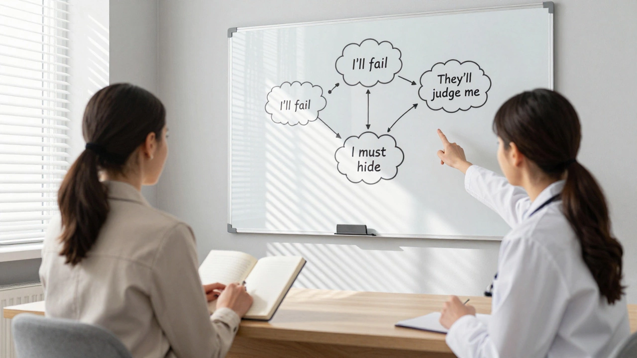 Женщина ведет дневник мыслей с терапевтом у доски с когнитивными схемами.