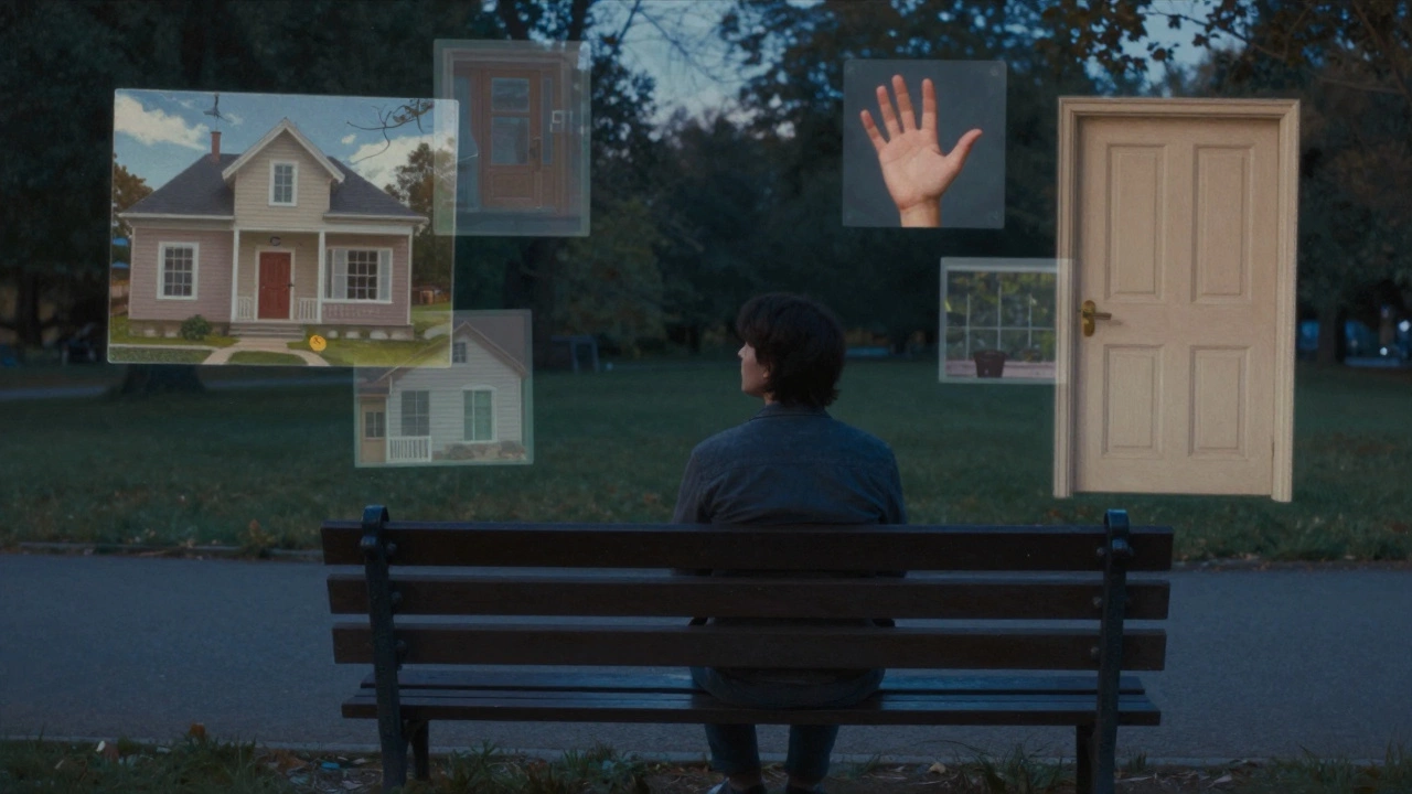 Человек на скамейке в парке, вокруг него — прозрачные образы прошлых эмоций и воспоминаний.