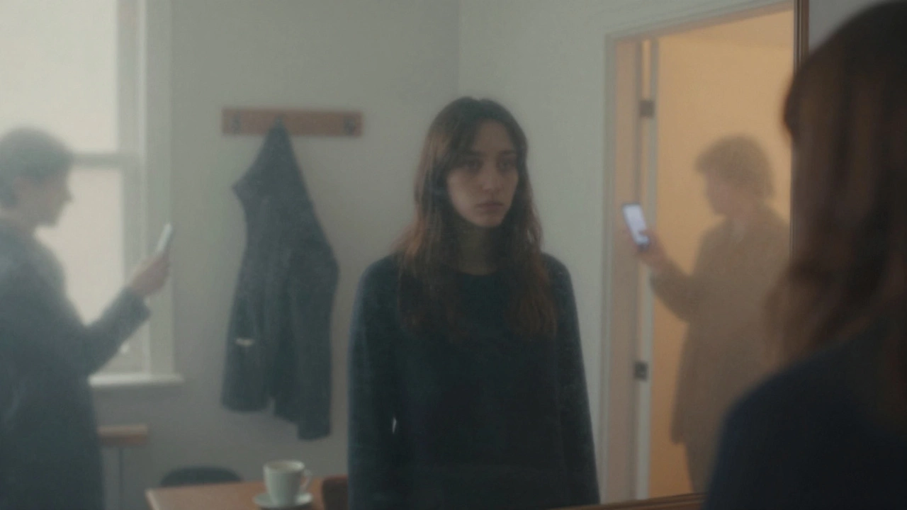 Человек смотрит в зеркало, но его отражение размыто и далекое, словно сквозь матовое стекло.