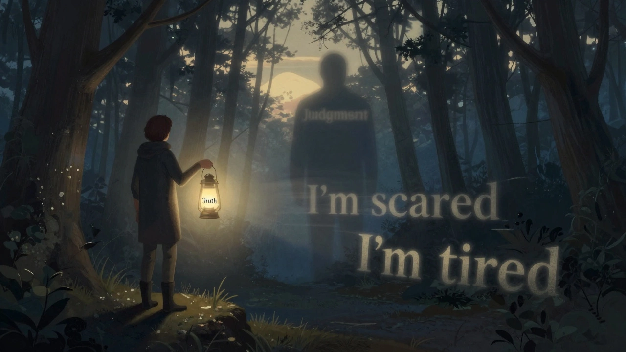 Человек стоит на краю леса, держа фонарь с надписью 'Правда', свет освещает скрытые пути с эмоциональными словами.