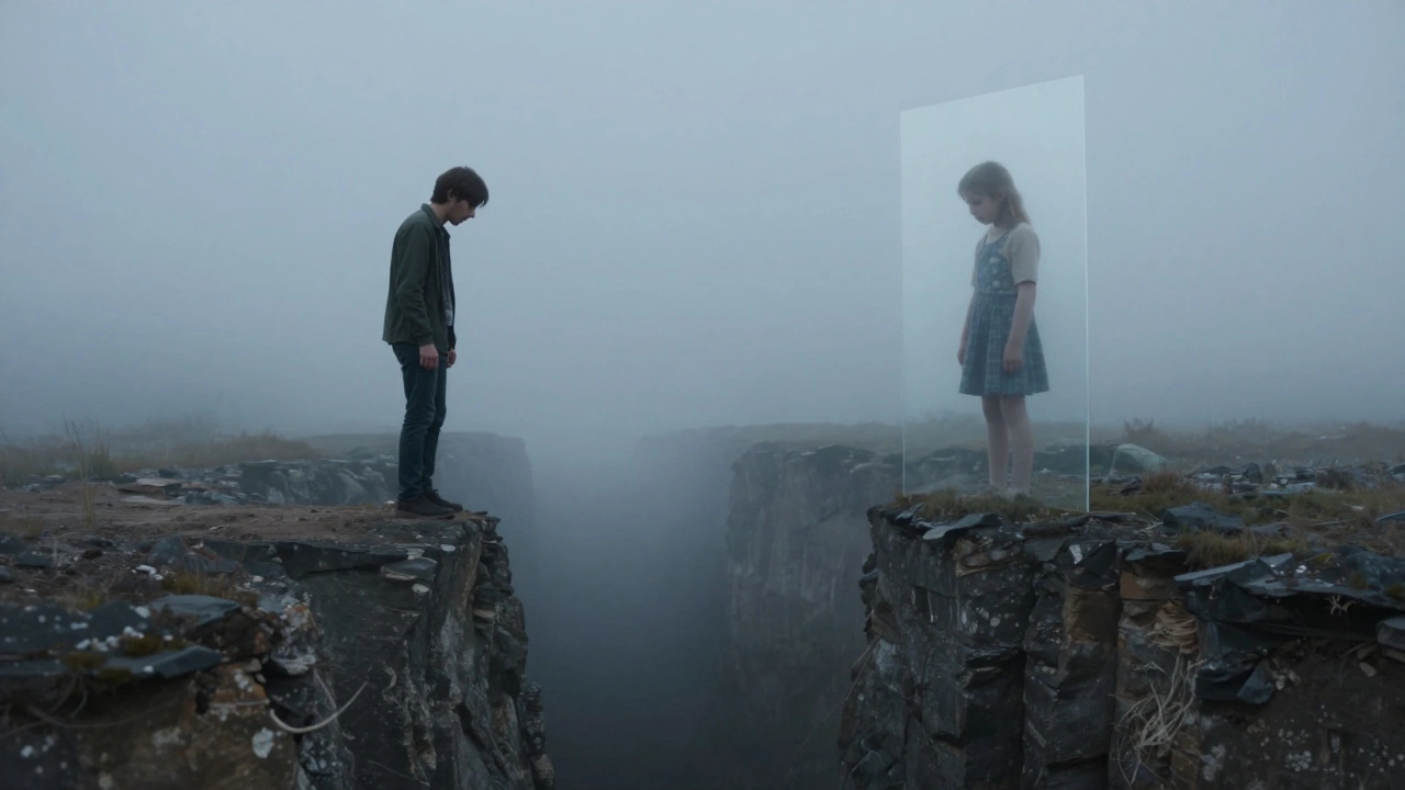 Человек стоит на краю туманной пропасти, а в зеркале отражается его детское я — символ внутреннего страха и самопознания.