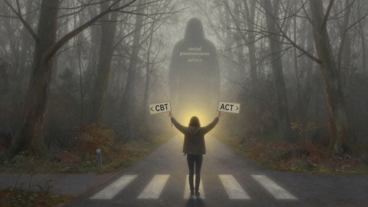 Человек стоит на перепутье с тремя путями терапии, тени прошлого исчезают в тумане.