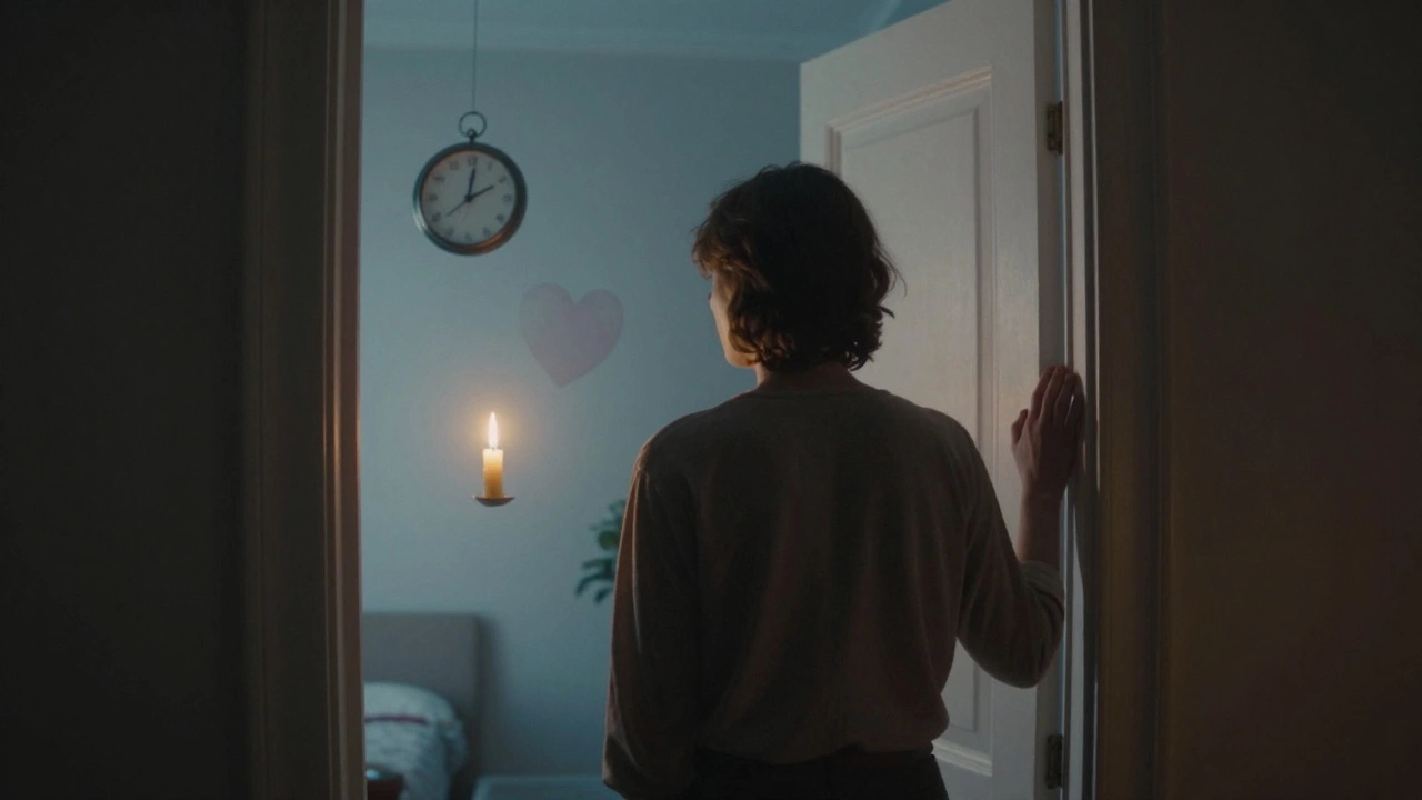 Человек стоит у двери, оглядываясь на тусклый фон, где парят символы боли, а впереди — мягкий свет.