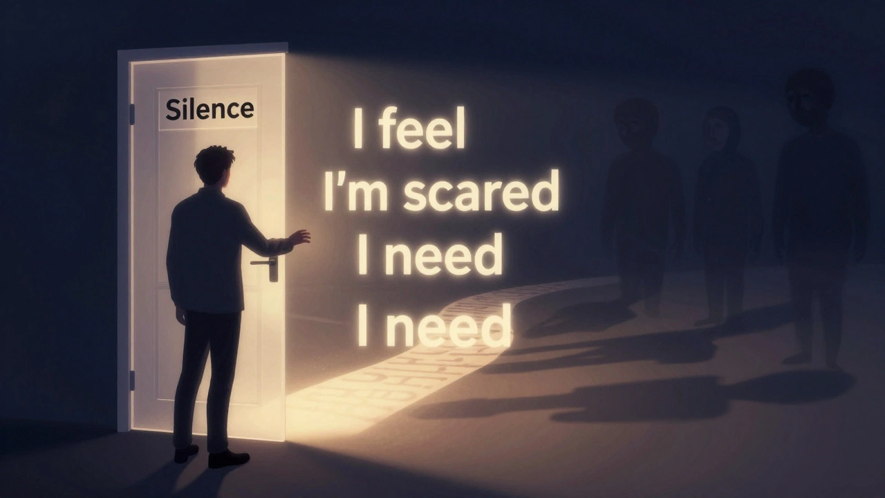 Человек тянется к светящимся словам за прозрачной дверью, оставляя тени страха позади.