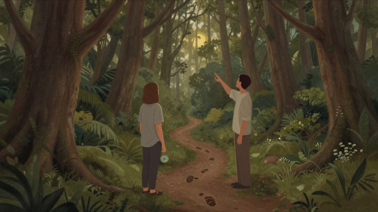 Человек в лесу с компасом, тихо направляемый фигурой, указывающей на солнце — символ поиска своего пути.