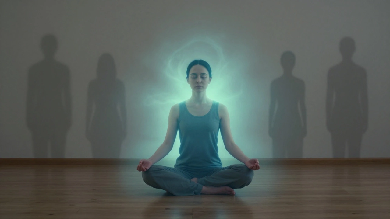 Человек в медитации, внутренний покой светится вокруг него.