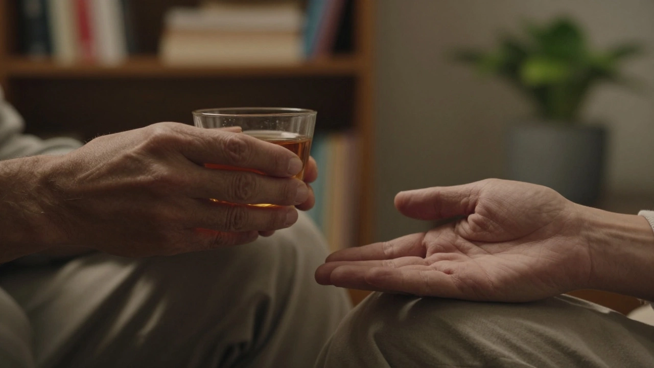 Две руки — одна держит чашку, другая лежит на колене, без лиц, передающие уязвимость и тихую поддержку.