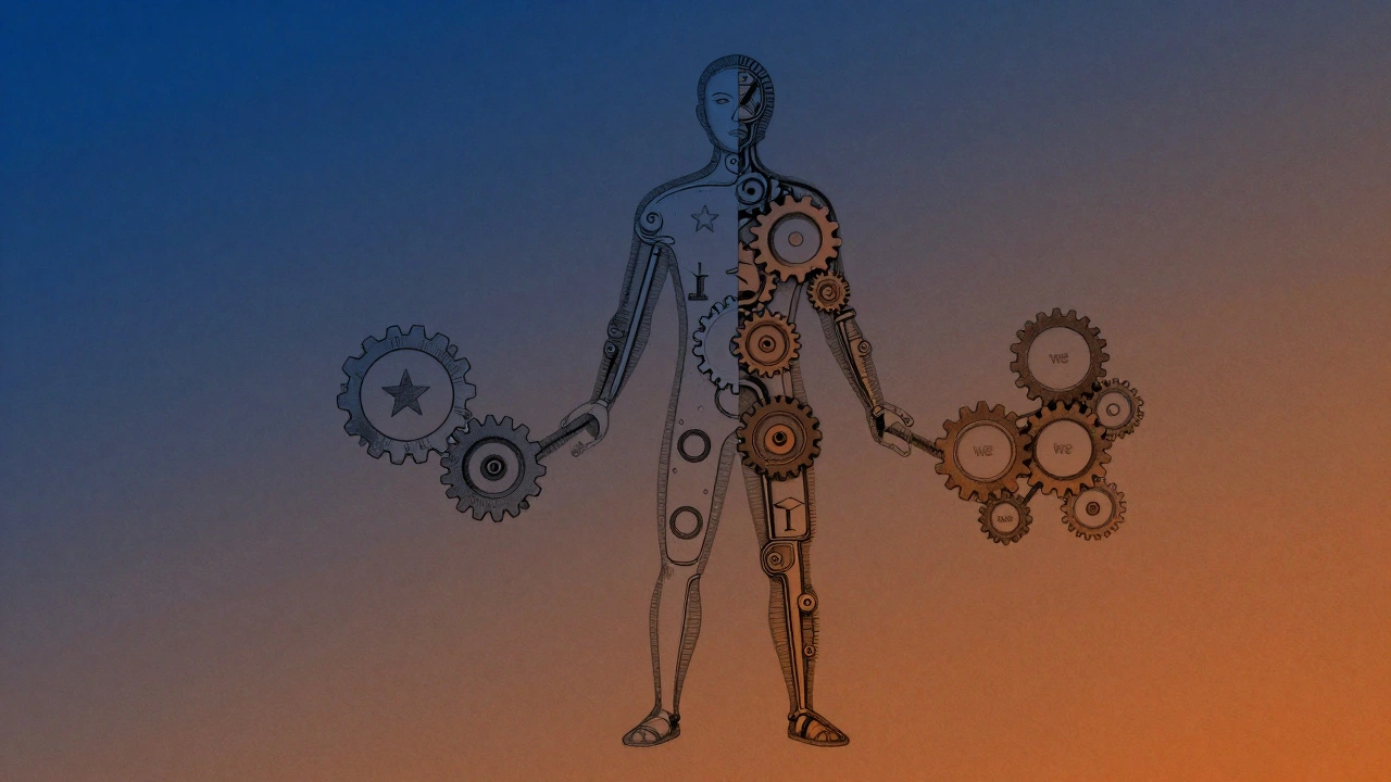 Фигура человека, составленная из культурных символов Запада и Востока.