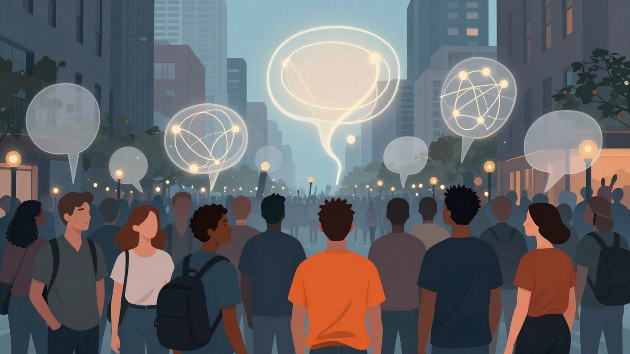 Группа людей в городе, их мысли соединены светящимися линиями, символизируя влияние общества.