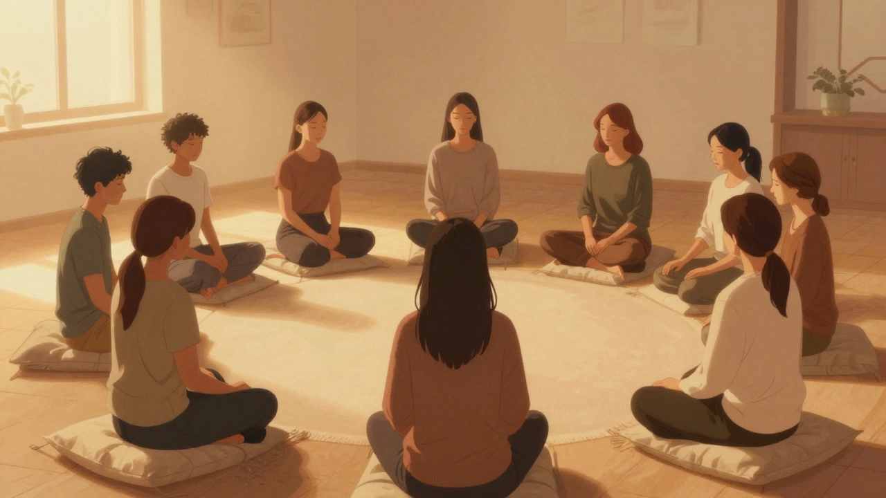 Группа людей в кругу на полу в тихой комнате, испытывающих эмоциональную безопасность.