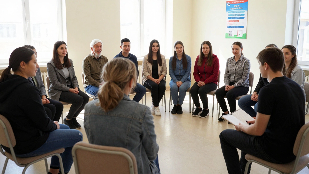 Группа людей в общественном центре слушают студента-психолога, солнечный свет за окном, атмосфера спокойствия и поддержки.