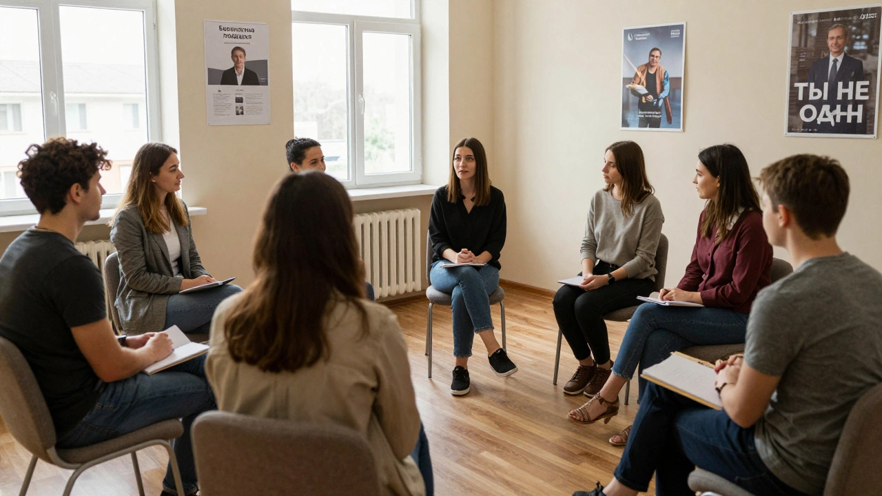Группа людей в тихой комнате получают бесплатную психологическую поддержку в Казани.