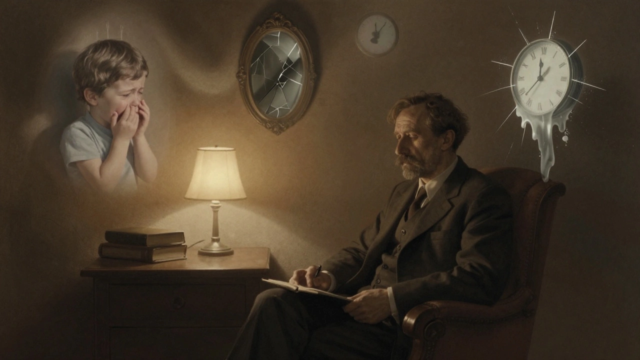 Мужчина в кресле, окруженный символами прошлого, как в психоанализе.