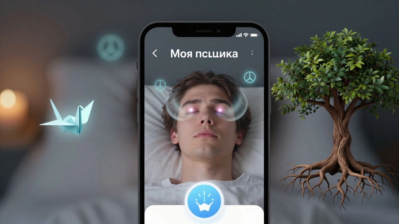 На экране телефона — упражнение по дыханию из приложения для психического здоровья.