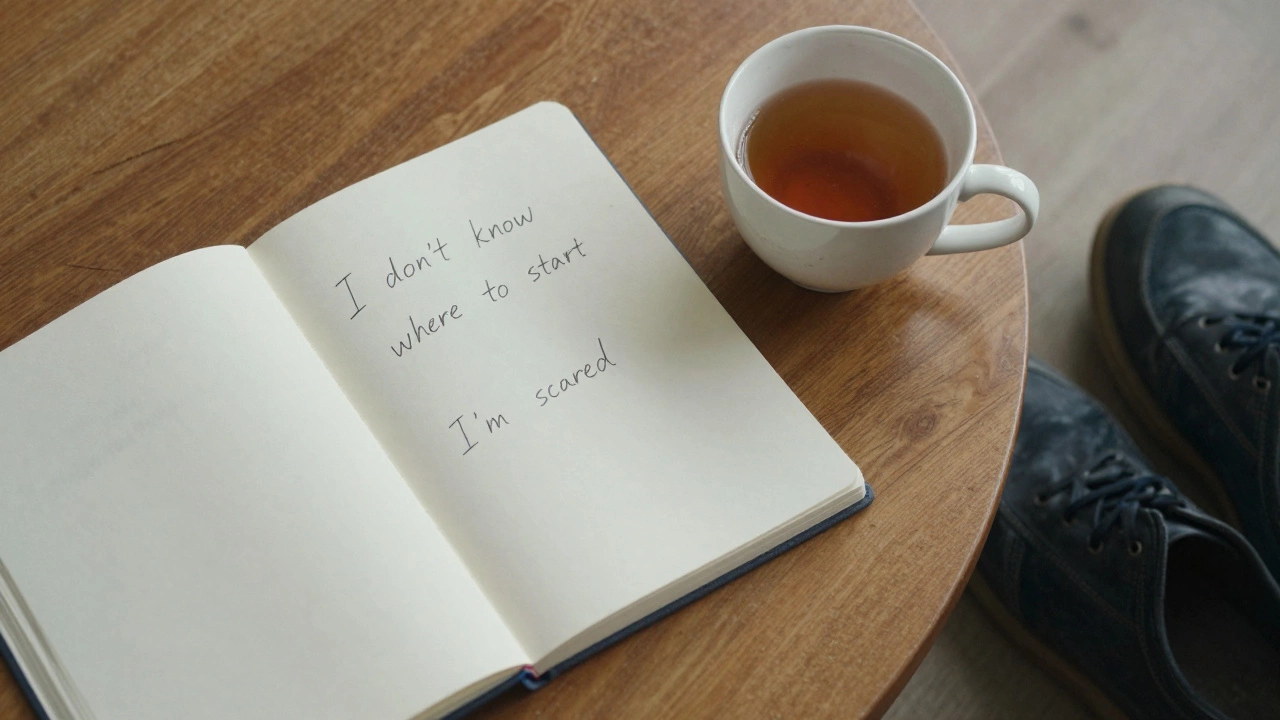 На столе открытый блокнот с неразборчивыми записями и чашка чая — момент искреннего затруднения перед сеансом.