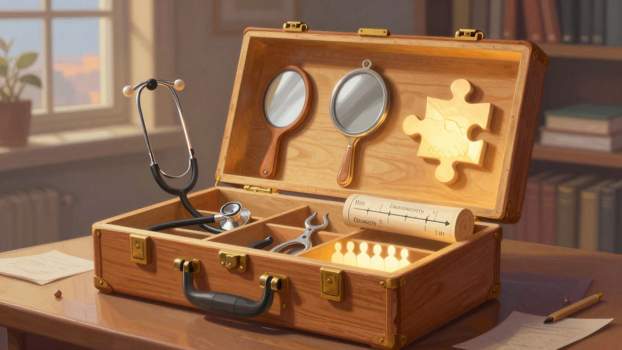 Открытый ящик с инструментами, каждый — символ одного направления психологии.