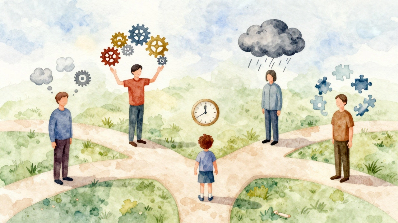 Пять фигур идут по разным тропам, каждая с символами своей области психологии.