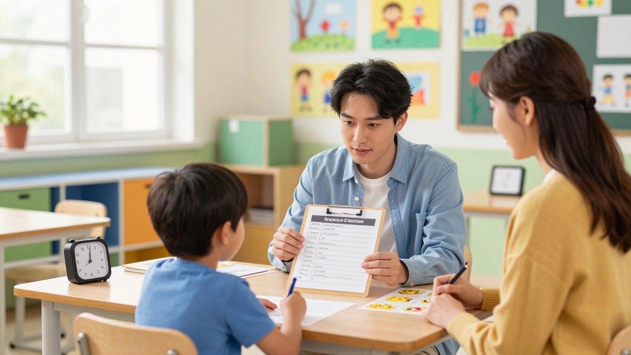 Педагогический психолог работает с ребенком в школьном классе.