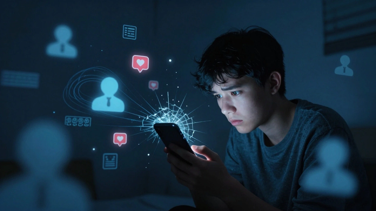 Подросток с телефоном, отражающим его тревожное лицо, вокруг — цифровые алгоритмы и уведомления.