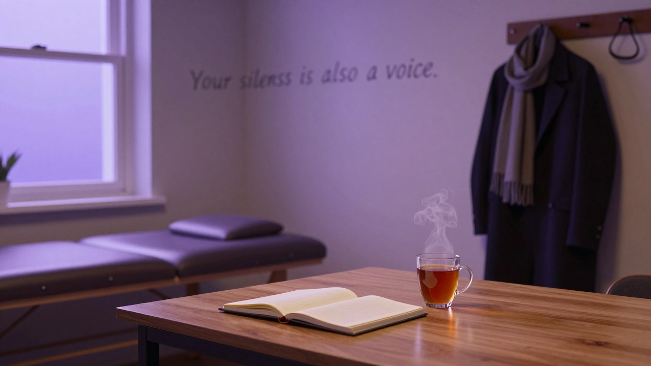 Пустой кабинет терапевта с открытой тетрадью и чашкой чая, вечерний свет, символизирующий доверие и границы.